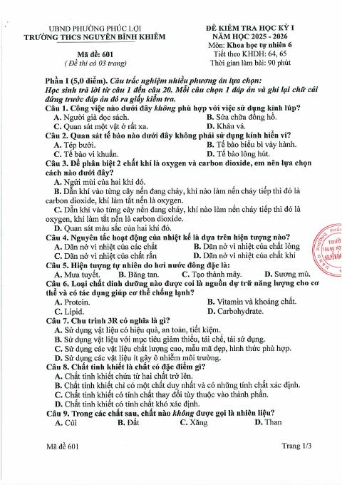 Đề thi Học kì 1 KHTN 6 năm 2025-2026 trường THCS Nguyễn Bỉnh Khiêm (Hà Nội)